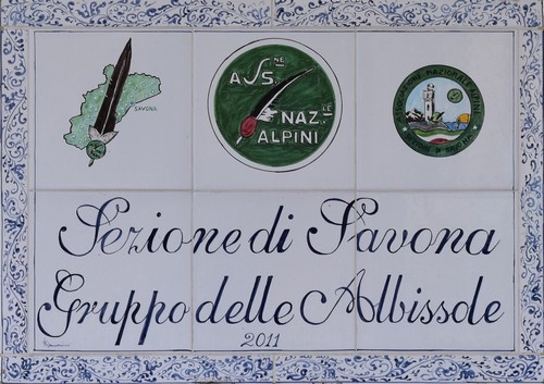Artistic italian pottery of Albisola - Panel with emblems and Group writing. Hand painted majolica